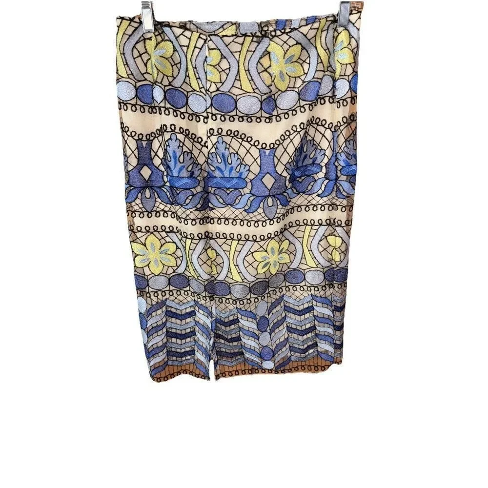 Beige ECI All Over Embroidery Midi Length Skirt 8 Teal Green Floral Lace Lined